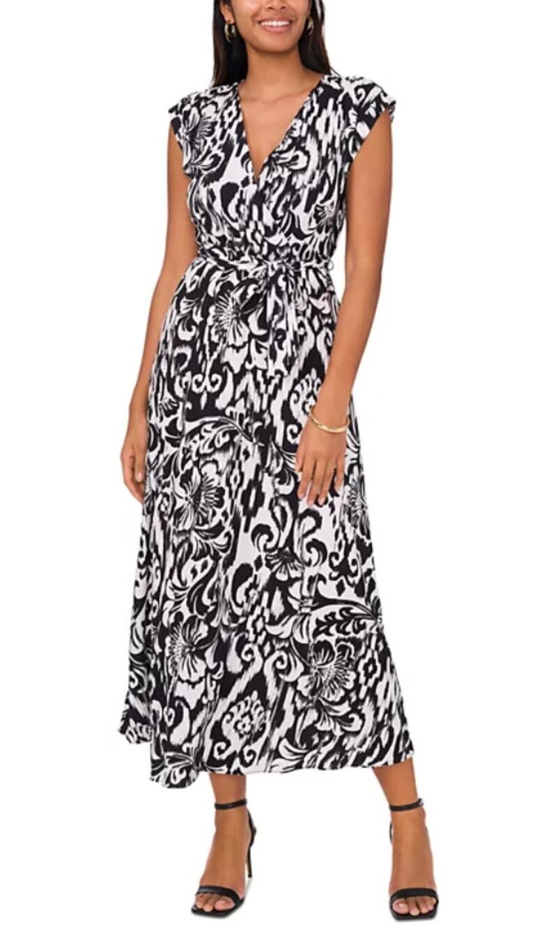 SAM JESS WOMENS SIZE XLARGE PRINTED V-NECK BELTED MAXI DRESS BLACK WHITE